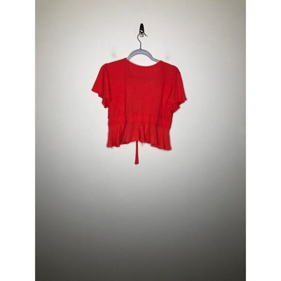 We The Free Top Womens XS Red Boho Ruffle Front Tie Cotton Crop - Picture 5 of 13